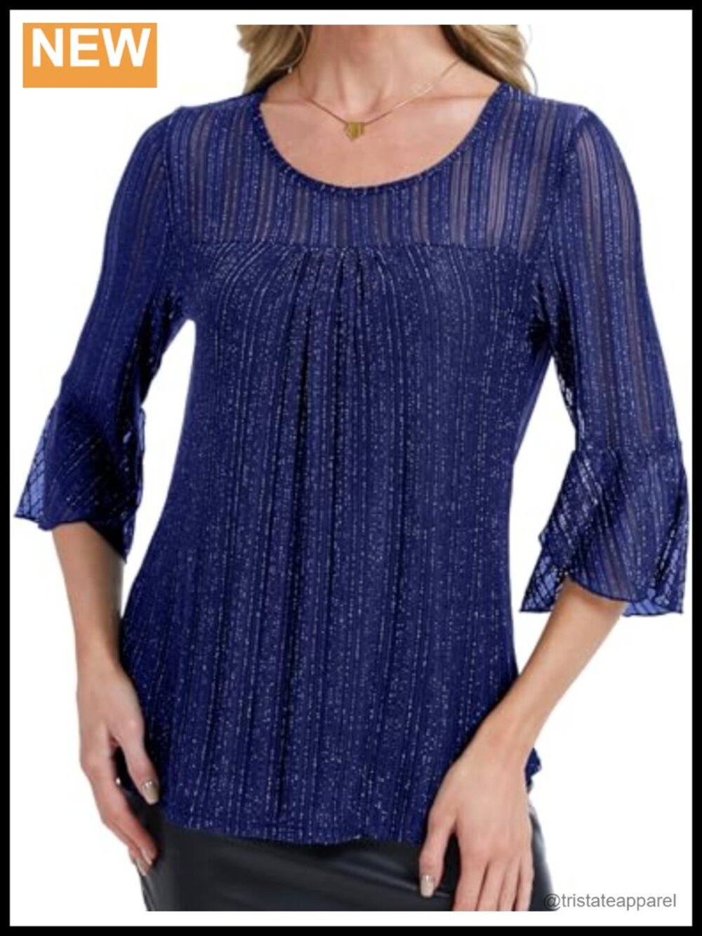 Womens Ruffle 3/4 Sleeve Blouse Dressy Sparkly Stretch Top